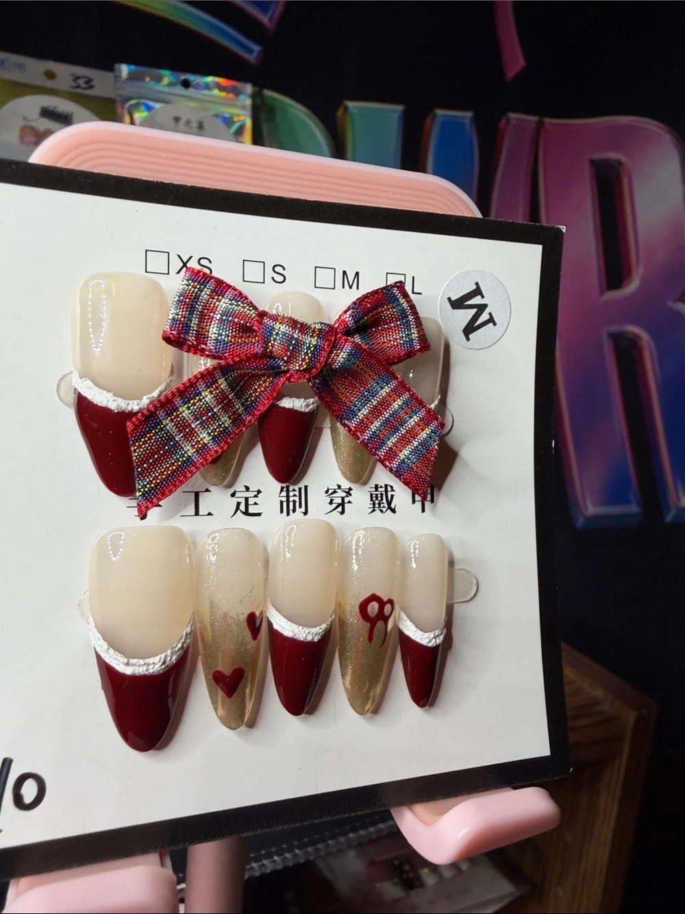 Burgundy & Gold Plaid Bow Press-On Nail Set